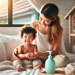 DALL·E 2024 11 29 11.40.13 A heartwarming scene of a mother gently applying lotion to her toddlers skin. The toddler is seated on a soft bed with white sheets smiling warmly