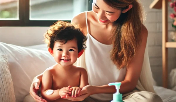 DALL·E 2024 11 29 11.40.13 A heartwarming scene of a mother gently applying lotion to her toddlers skin. The toddler is seated on a soft bed with white sheets smiling warmly